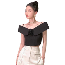 Black one-shoulder shirt for women 2024 new summer high-end rose backless tight waist short top trendy