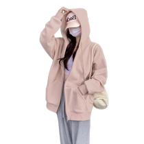 Pink Lian Cap Sweatshirt Jacket Woman Dress 2023 Autumn Winter New small sub loose with a velvety cardiovert blouse