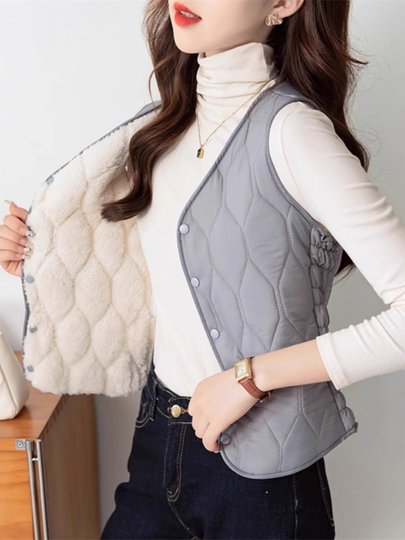 White Cotton Vest for Women, Autumn and Winter, Short Style, Integrated Fleece, Thickened for Warmth, Sandwich Style, Fleece-Lined V-Neck Vest