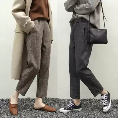 Winter women Korean retro plaid woolen Haren pants loose thin small feet nine-point lob pants casual lazy trousers