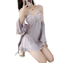 Ice ribbon breast pad pajamas for women summer thin sexy V-neck backless suspender nightgown lace nightgown two-piece suit