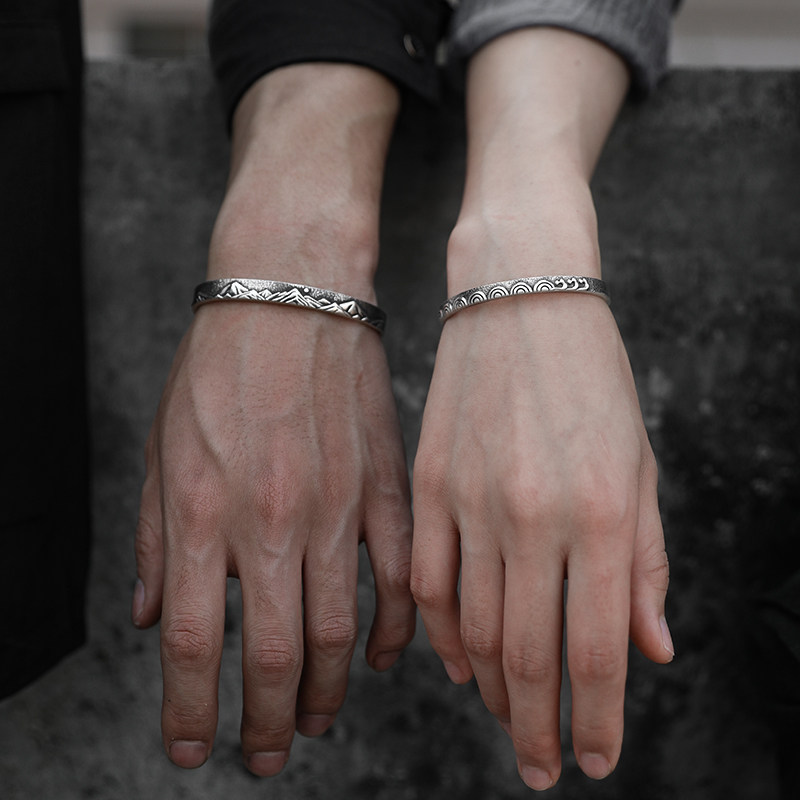 Sea Oath Mountain lovers bracelet a pair of men and women pure silver hand ring lettering custom Seven New Year's Valentine's Day Gift Boyfriend Tide
