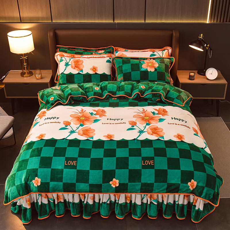 Milk velvet high-end bed skirt four-piece set net red wind high-end 2 m x 2 m 3 quilt cover one-piece plush coral velvet