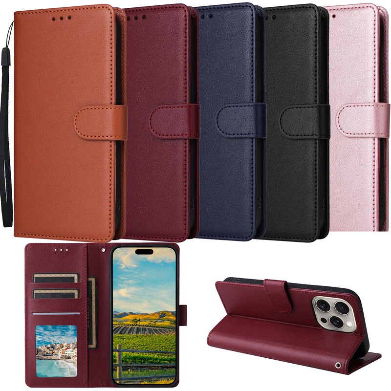 Suitable for Apple Xs/7G/Se 4/11/12/13 Pro/14/15 Promax iPhone 16 Promax/17 Three-Card Photo Frame Solid Color Classic Leather Case Flip-Top Anti-Drop