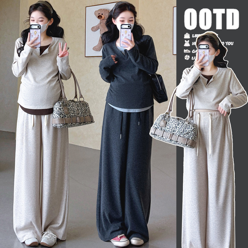 Maternity Wear Autumn Set 2026 New Stylish Pregnancy Outfit for Moms, Fake Two-Piece Sweatshirt Winter Top Two-Piece Set
