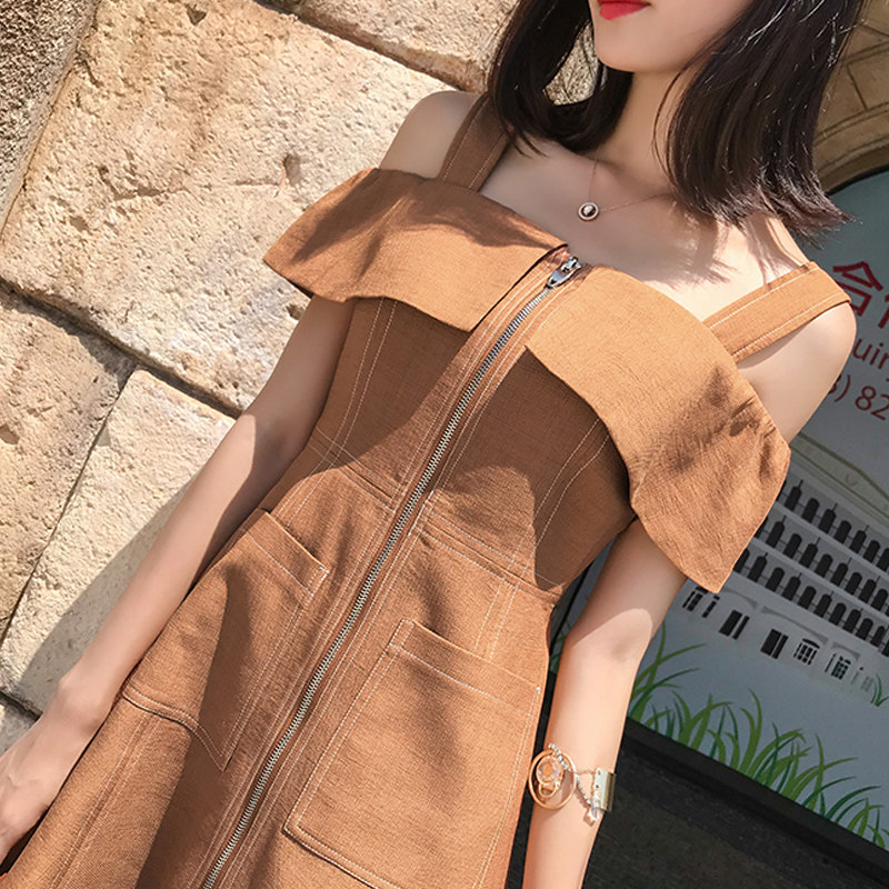 2022 new fashion Mori style French retro small man orange temperament one word shoulder strap dress women's summer