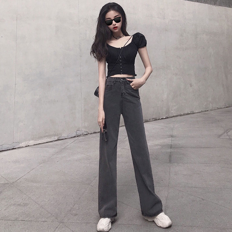 Fashion wearing high-quality broad leg pants and blue street Heben mild wind decreased age-gas straight jeans