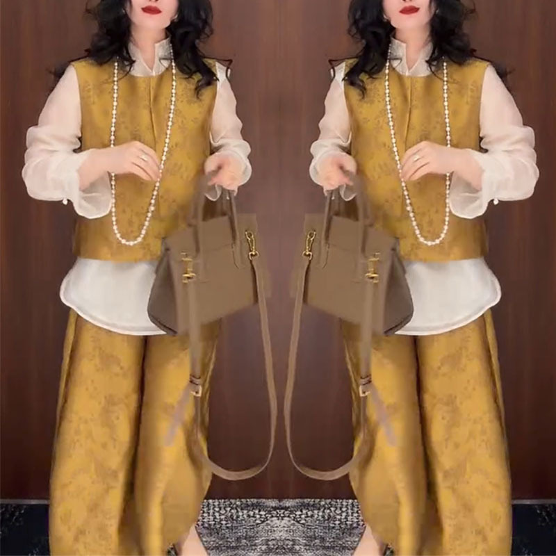 New Chinese-Style Women's Suit 2026 Summer New High-End Printed Vest Slightly Sheer Shirt Wide-Leg Pants Three-Piece Set New Chinese-Style Women's Suit 2026 Summer New High-End Printed Vest Slightly Sheer Shirt Wide-Leg Pants Three-Piece Set