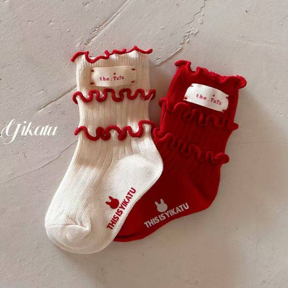 Girls' Autumn and Winter Socks, Mid-Calf Children's Socks, New Year Red Lace Bow Princess Stylish Girl Baby Lace Socks