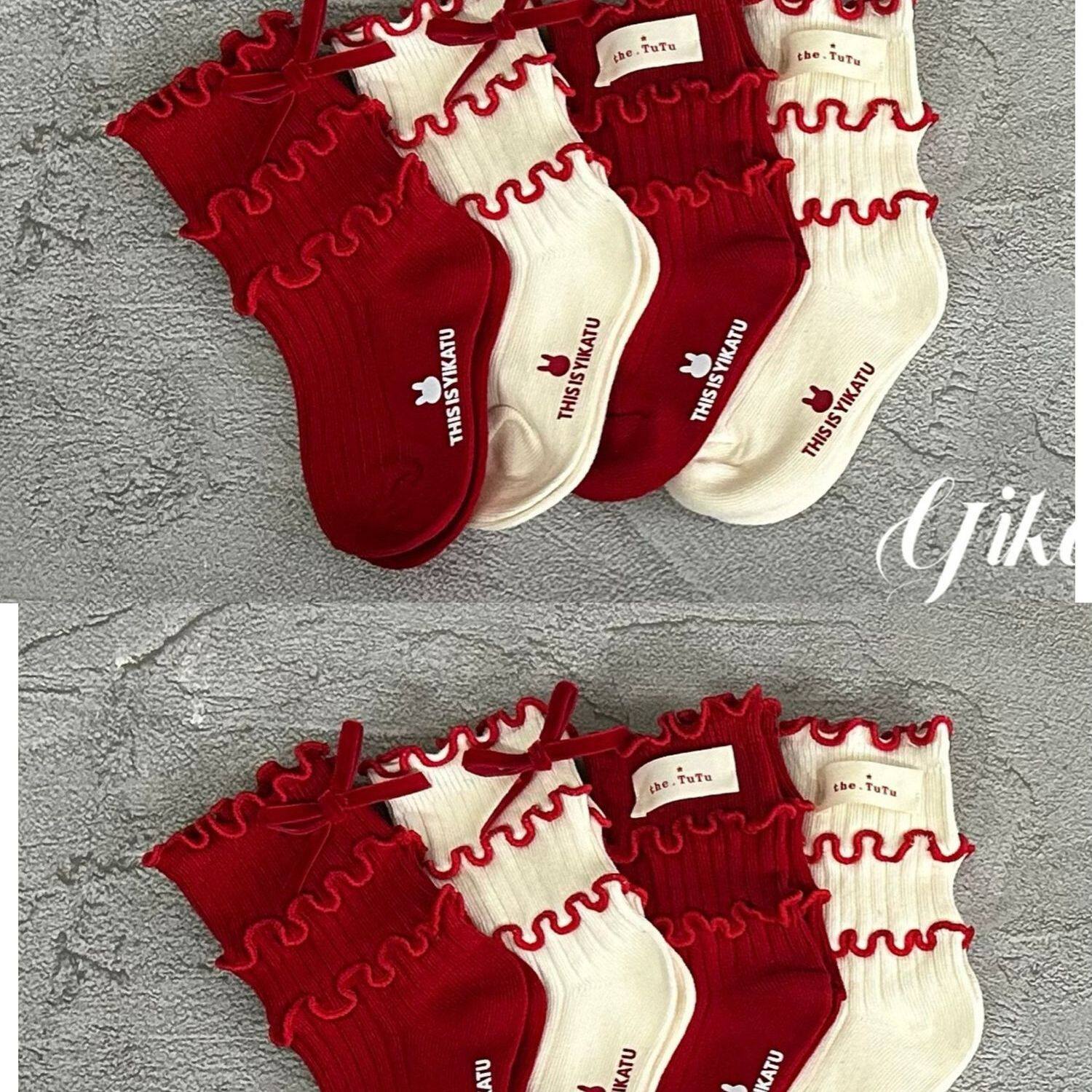 Girls' Autumn and Winter Socks, Mid-Calf Children's Socks, New Year Red Lace Bow Princess Stylish Girl Baby Lace Socks