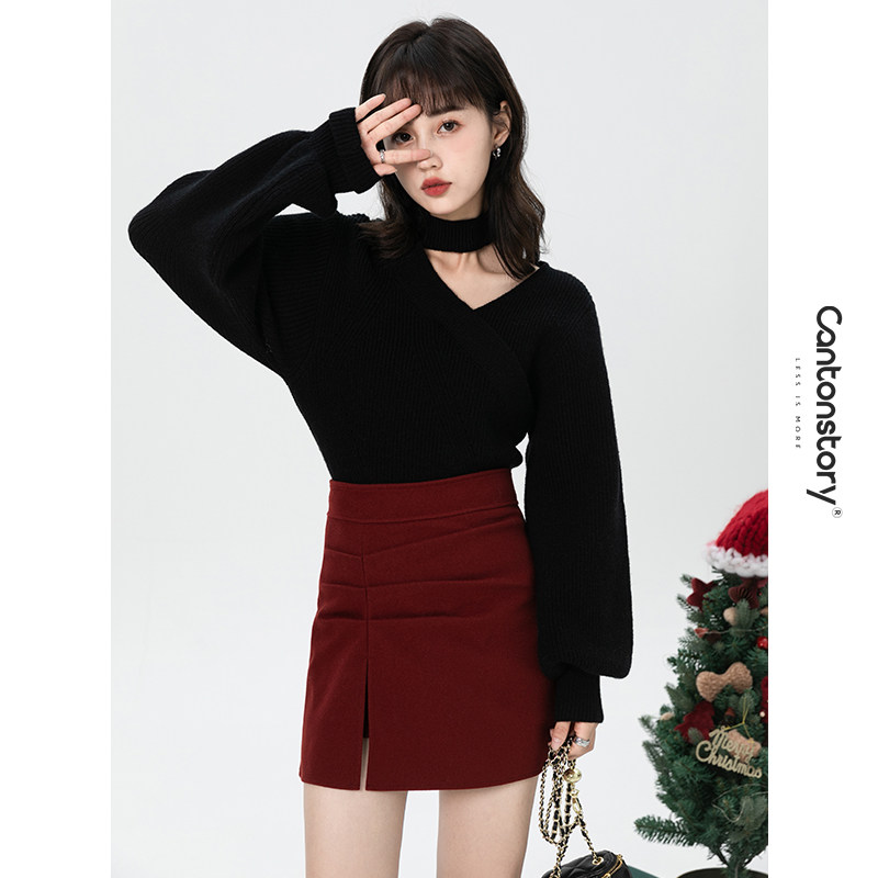 (spot)v neck sweater short - term with a new design sensation for knitting red tops