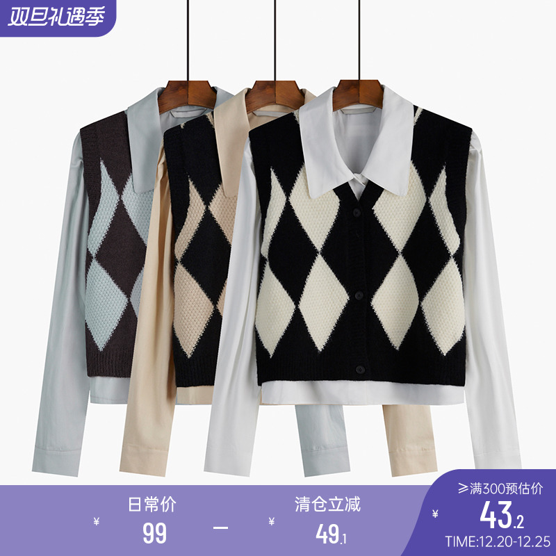 (Shuangdan season spot) Rhombus vest women's short style layered design shirt vest long-sleeved top coat