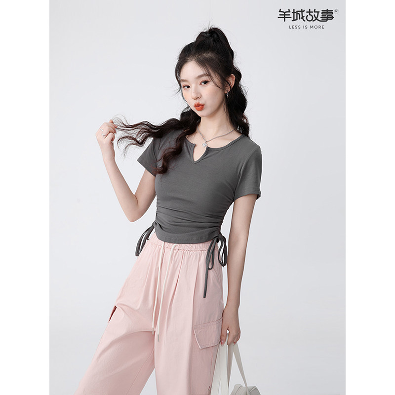 Yamache Story v-collar T-shirt Short New Han Edition Design Sense Unique Spicy Girl's Shoulder Coat