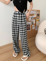 women's spring autumn summer vintage black and white plaid mop pants loose slim casual straight suit wide leg pants