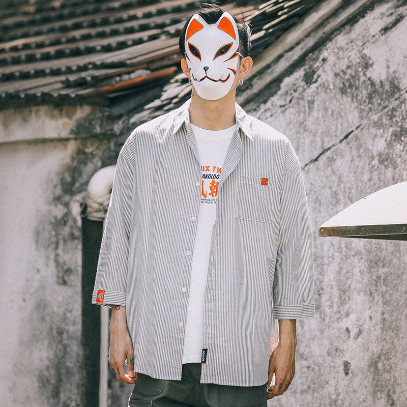 The whole village summer striped shirt men's Korean version of the trendy loose casual Hong Kong style handsome all-match three-quarter sleeve very fairy shirt