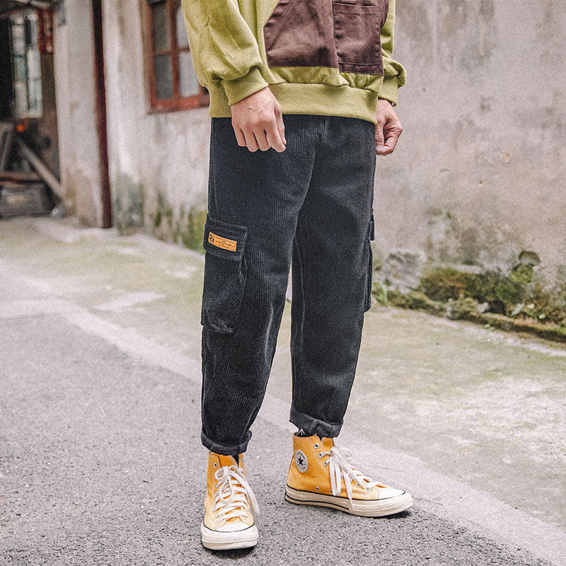 The whole village 2020 corduroy overalls men's Japanese spring and autumn nine points straight loose all-match personality trousers casual