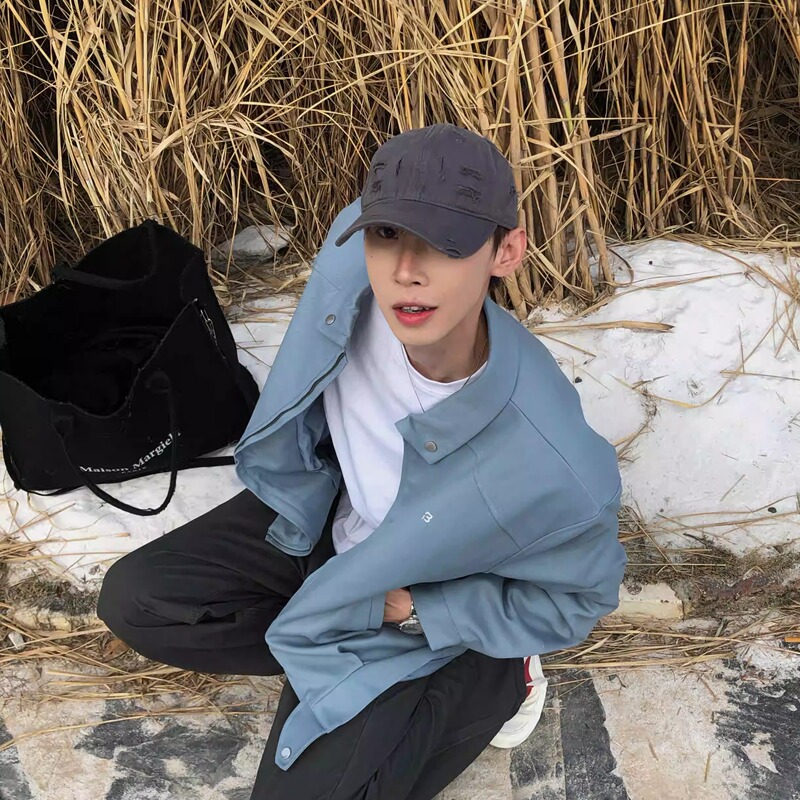 Bufanstudio Glacier Blue Cleanfit Blazer Men's Shoulder-Padded Niche Harrington Jacket Men's Casual