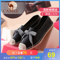 Camel womens shoes 2021 spring bow shallow single shoes womens flat casual grass woven fisherman shoes loafers