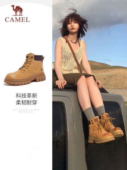 骆驼大黄靴女2025夏季新款真皮沙漠英伦风复古马丁靴子厚底登山鞋