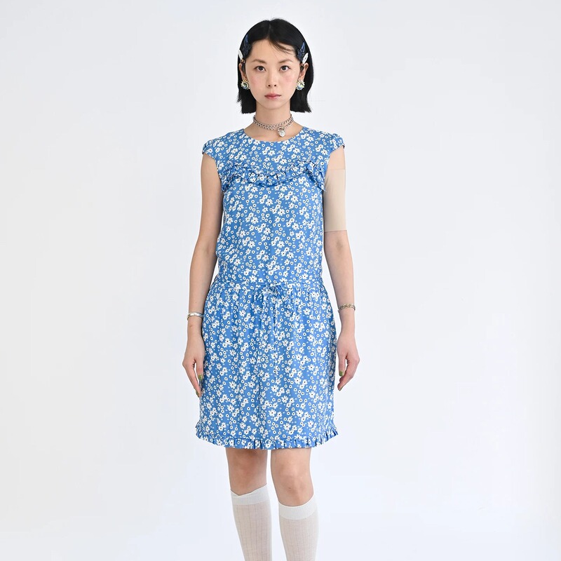 Fountainmountain Vol.34 Blue Floral Ruffled Tie Short-Sleeve Low-Waist Short Dress Fountainmountain Vol.34 Blue Floral Ruffled Tie Short-Sleeve Low-Waist Short Dress