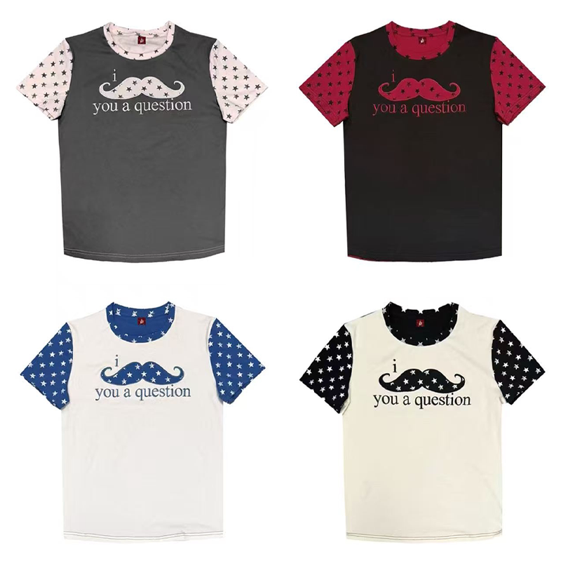 Detw "Mustache" Four-Color Slogan Patchwork Embroidered Color Block Patchwork Commuter Short-Sleeved T-Shirt with a Slimming and High-End Feel