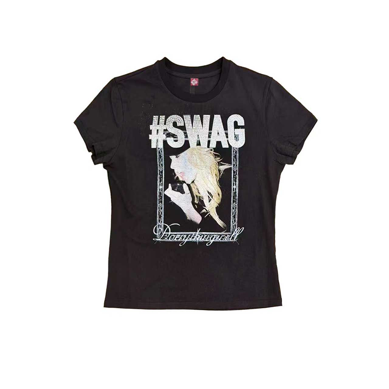 Detw "Swag" Series Portrait Girl Print Positioned Rhinestone Print Punk Street Round Neck Short-Sleeved T-Shirt