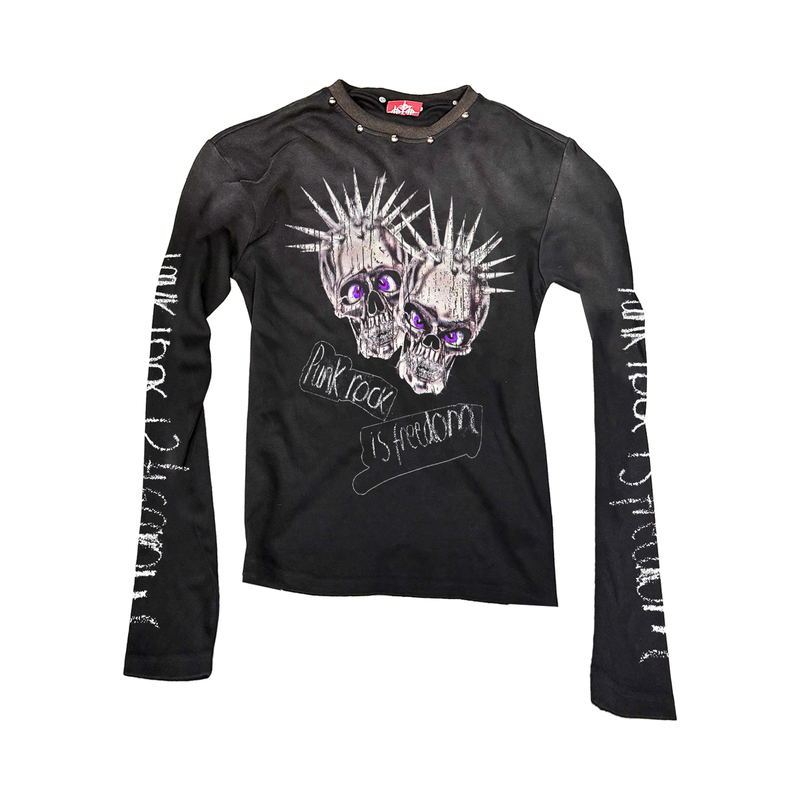 Detw"Punk" Washed Vintage Rivet Rock Street Slogan Skull Tattoo Crew Neck Long Sleeve Sweatshirt for Men and Women