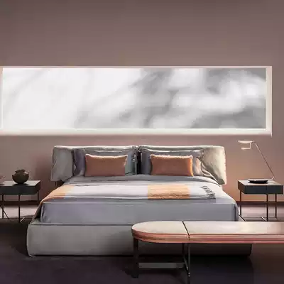Real leather bed Italian minimalist light luxury bed modern simple 1 8 meters master bedroom wedding Nordic soft bag full solid wood leather bed