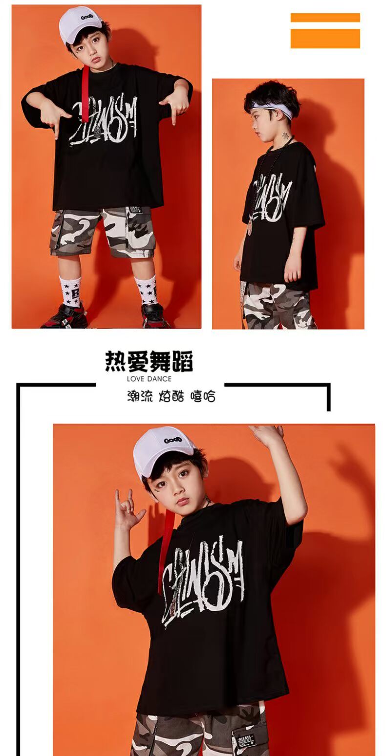 Trẻ em hip hop ngắn tay thủy triều thương hiệu quần ngụy trang phù hợp với bé trai trang phục khiêu vũ đường phố mùa hè cô gái nhảy jazz quần áo biểu diễn - Trang phục shop quần áo trẻ em gần đây