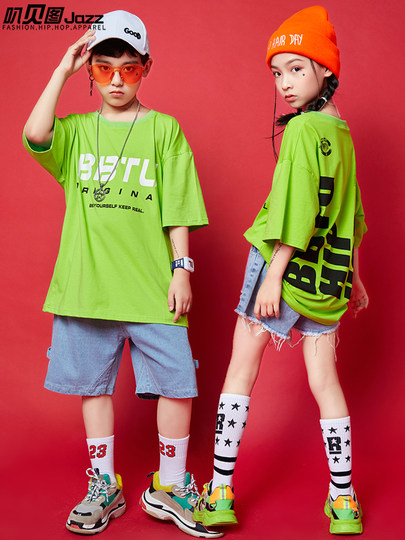 儿童街舞服男童嘻哈潮装宽松短袖夏装欧美风女童爵士舞服演出服帅