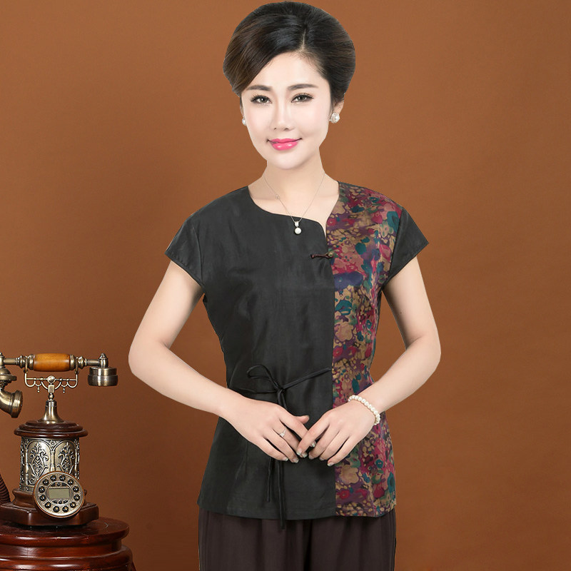 Fragrant cloud yarn top women's silk T-shirt short-sleeved color matching mulberry silk summer dress women's mother's wear pullover round neck shirt