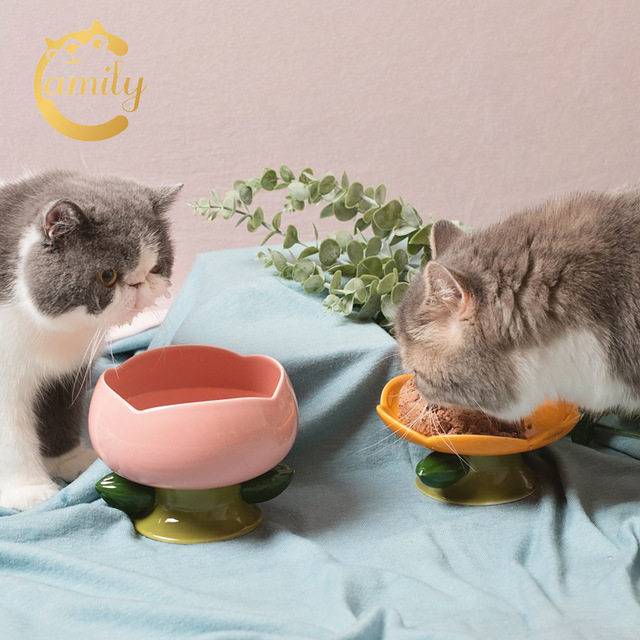 Family Cat Bowls Pet Flowers Ceramics High Footed Basin Cat Rice Bowls Water Bowls protect the cervical spine Anti-turning bowl