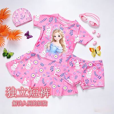 Swimming swimsuits for girls, babies, and big kids 2026 new printed swimsuits, short sleeves and shorts, cute and sweet style set