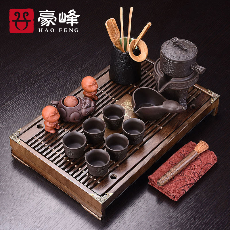 HaoFeng celadon kung fu tea set of a complete set of celadon tea hua limu tea tray was solid wood pallets