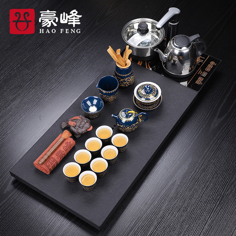 HaoFeng violet arenaceous kung fu tea tea set suit household sharply stone tea tray was solid wood tea tea teapot teacup