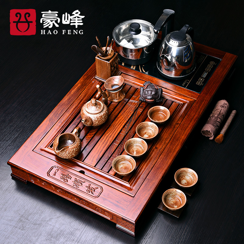 HaoFeng kung fu tea set celadon of blue and white porcelain tea set of a complete set of hua limu tea tray was solid wood tray distributor