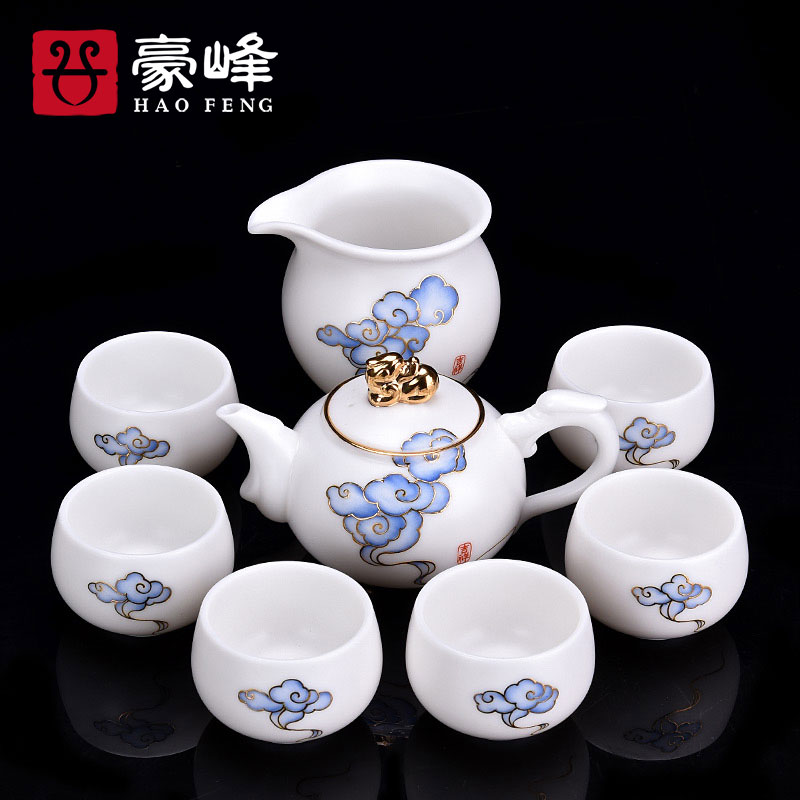 HaoFeng tea sets ceramic household white porcelain kung fu tea cups dehua undressed ore suet jade porcelain of a complete set of tea service