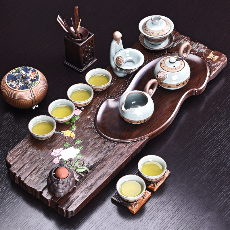 HaoFeng purple sand tea set the whole piece of ebony wood tea tray was kung fu suit household tea tea sets tea saucer