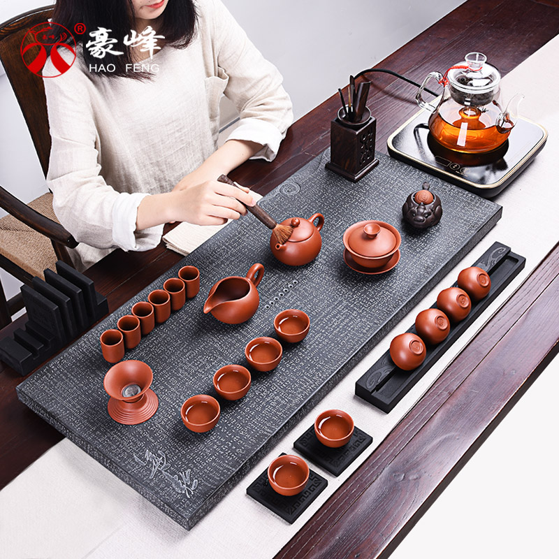 HaoFeng ceramic glass of a complete set of purple sand tea set home sharply stone tea tray was kung fu tea tea teapot