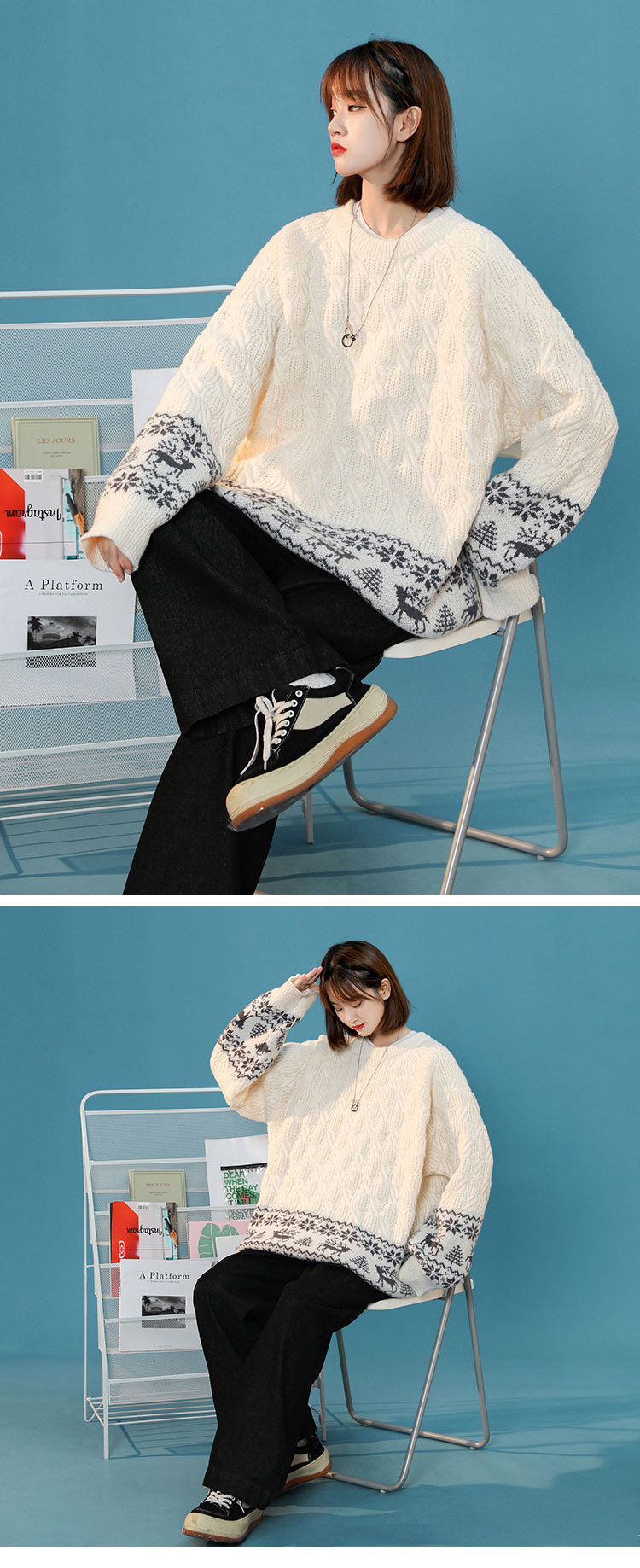 Women's Cartoon Jacquard Knit Sweater Loose Fit Pullover_voghion.com