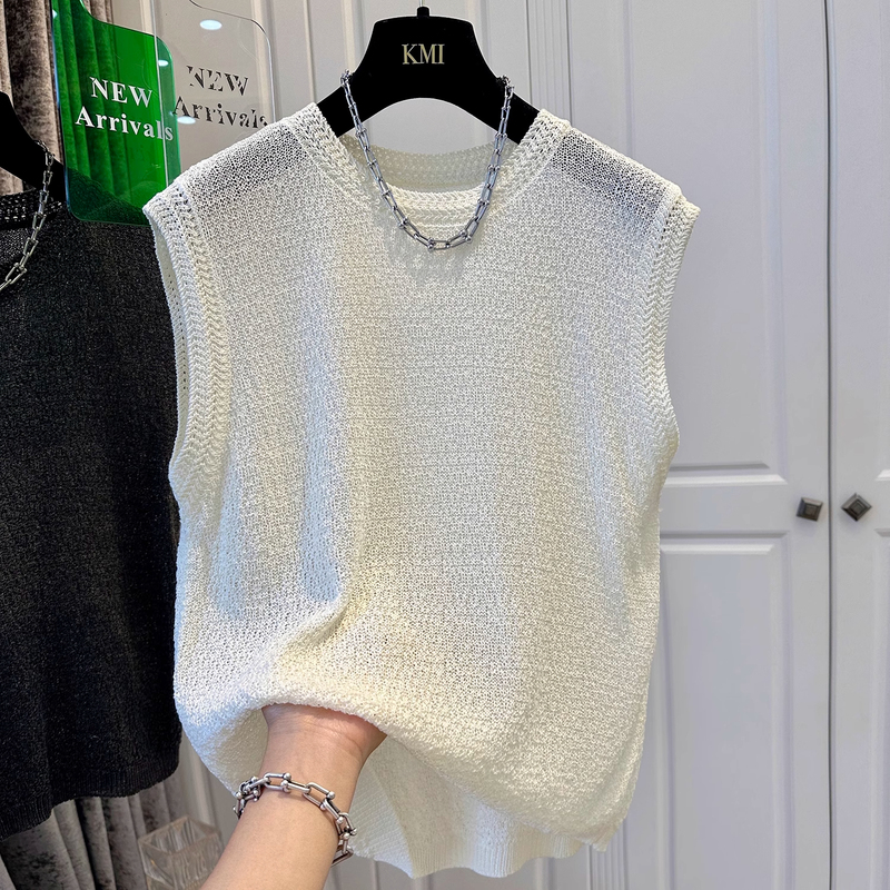 Extra Large Size 150kg French Round Neck White Knitted Sleeveless Vest for Men and Women Cut Out Loose Top Summer 2