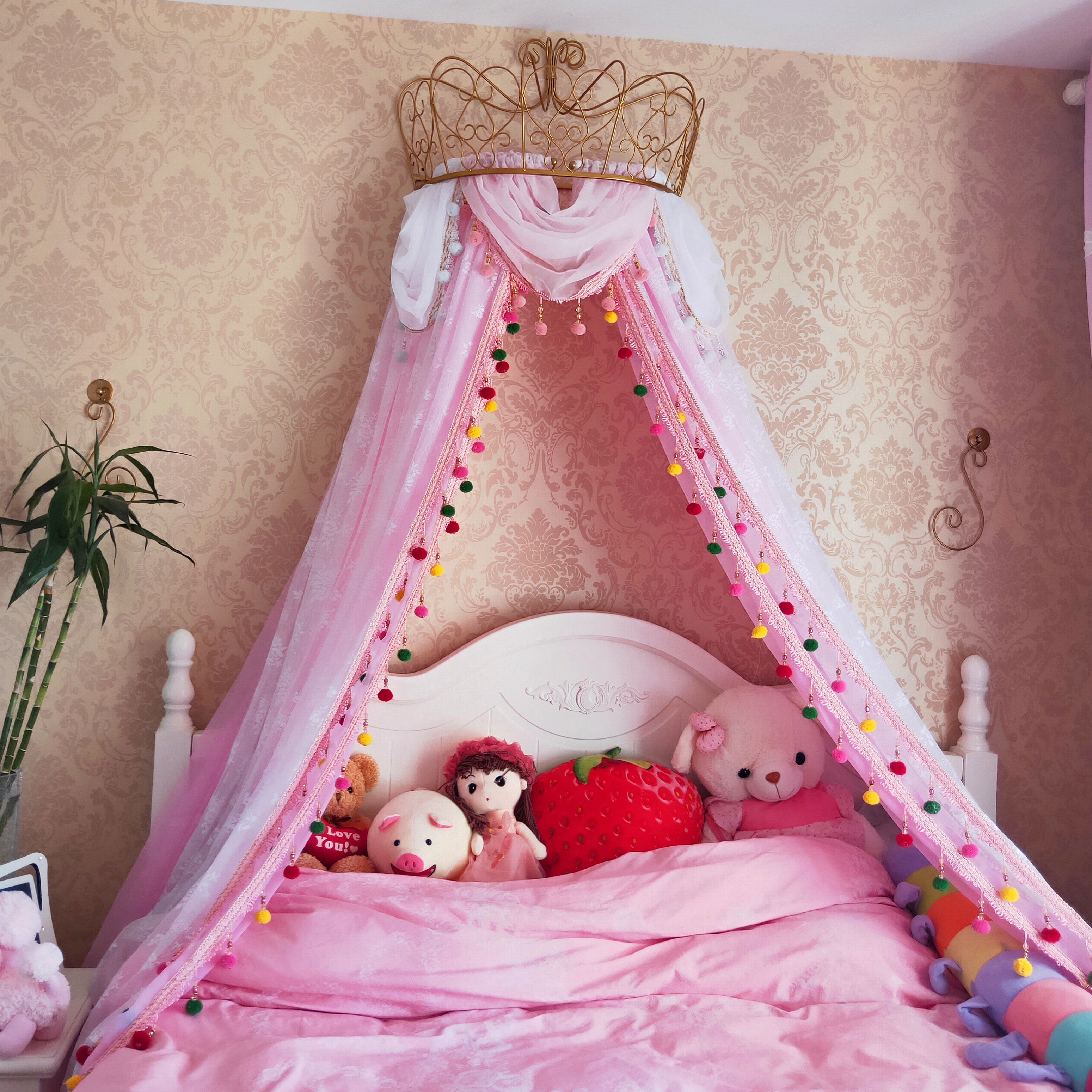 Bed Mantle New Pint Princess Palace Lace headmantle Mantle Decoration Pink-Pink Ribbon with Semicircle INS Ultra-Fire Bed Curtain
