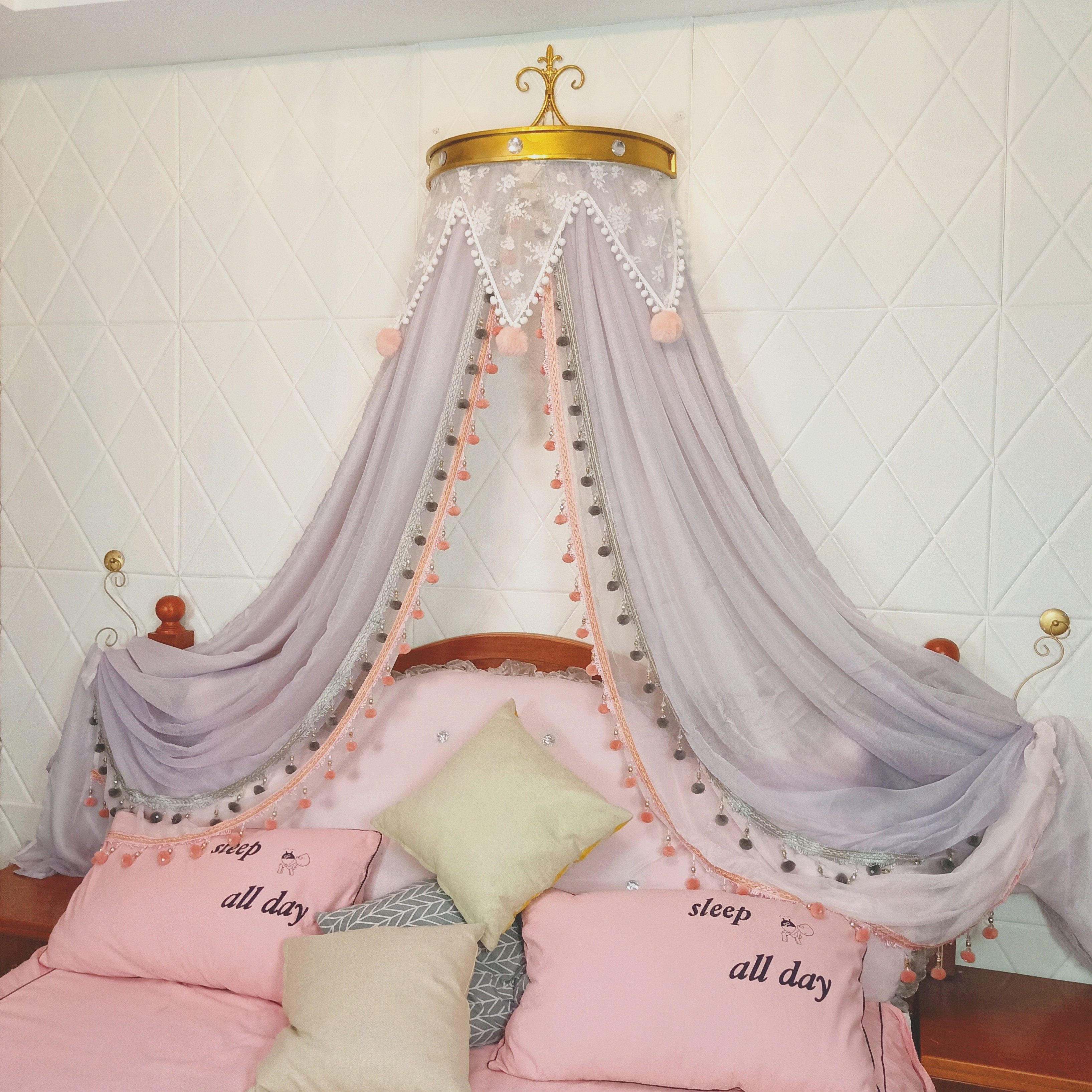 Bed Mantle Princess Home Bedroom Cute Decorative veil Mantle Headboard Curtain-shaped fur Ball lace grey powder with shelf and hook-Taobao
