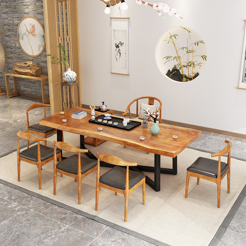 Solid wood large board tea table and chair combination new Chinese-style log tea table office meeting shop homestay leisure table and chairs