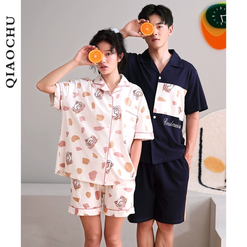 Хлопковая летняя пижама для влюбленных, кардиган, мужской милый комплект для школьников, простой и элегантный дизайн, короткий рукав