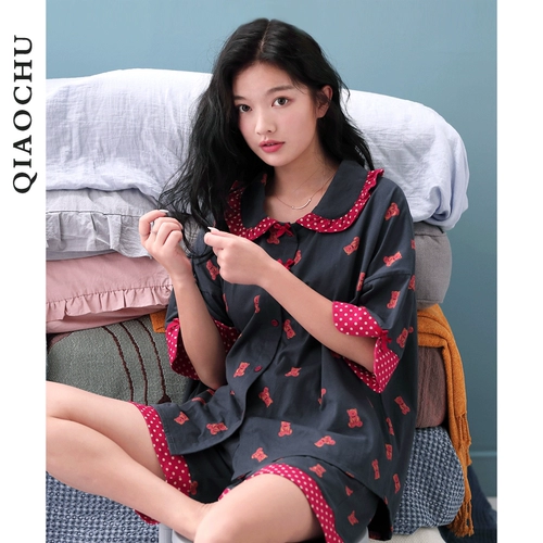 Летняя хлопковая тонкая милая пижама, комплект, домашняя одежда, короткий рукав, с медвежатами