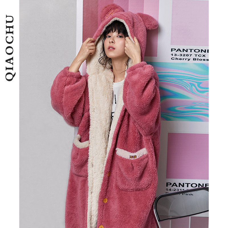 Sleeping Robe Women Winter Coral Suede Extras Long Version Pyjamas Loose Cute Plush Home Clothing Menswear Sleeping Autumn Winter