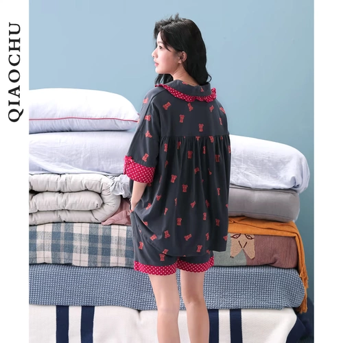 Летняя хлопковая тонкая милая пижама, комплект, домашняя одежда, короткий рукав, с медвежатами