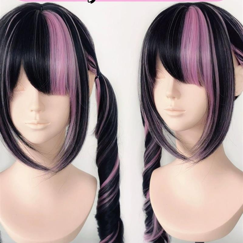 Sakura Roll Black and Pink Highlighted Double Ponytail Wig Roman Curls Japanese Style Lolita Bud Style Full Top