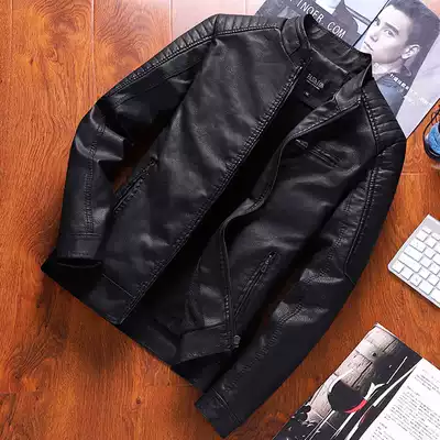 Leather clothing men Korean version of slim trend leather jacket autumn and winter plus velvet men's leather jacket stand collar locomotive clothing youth
